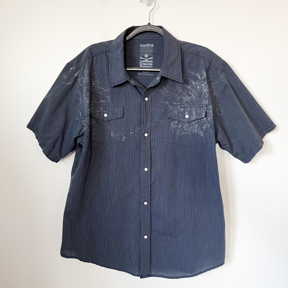 Machine Short Sleeve Pearl Snap‎ Stripe Dragon Print Shirt XL Blue Y2K